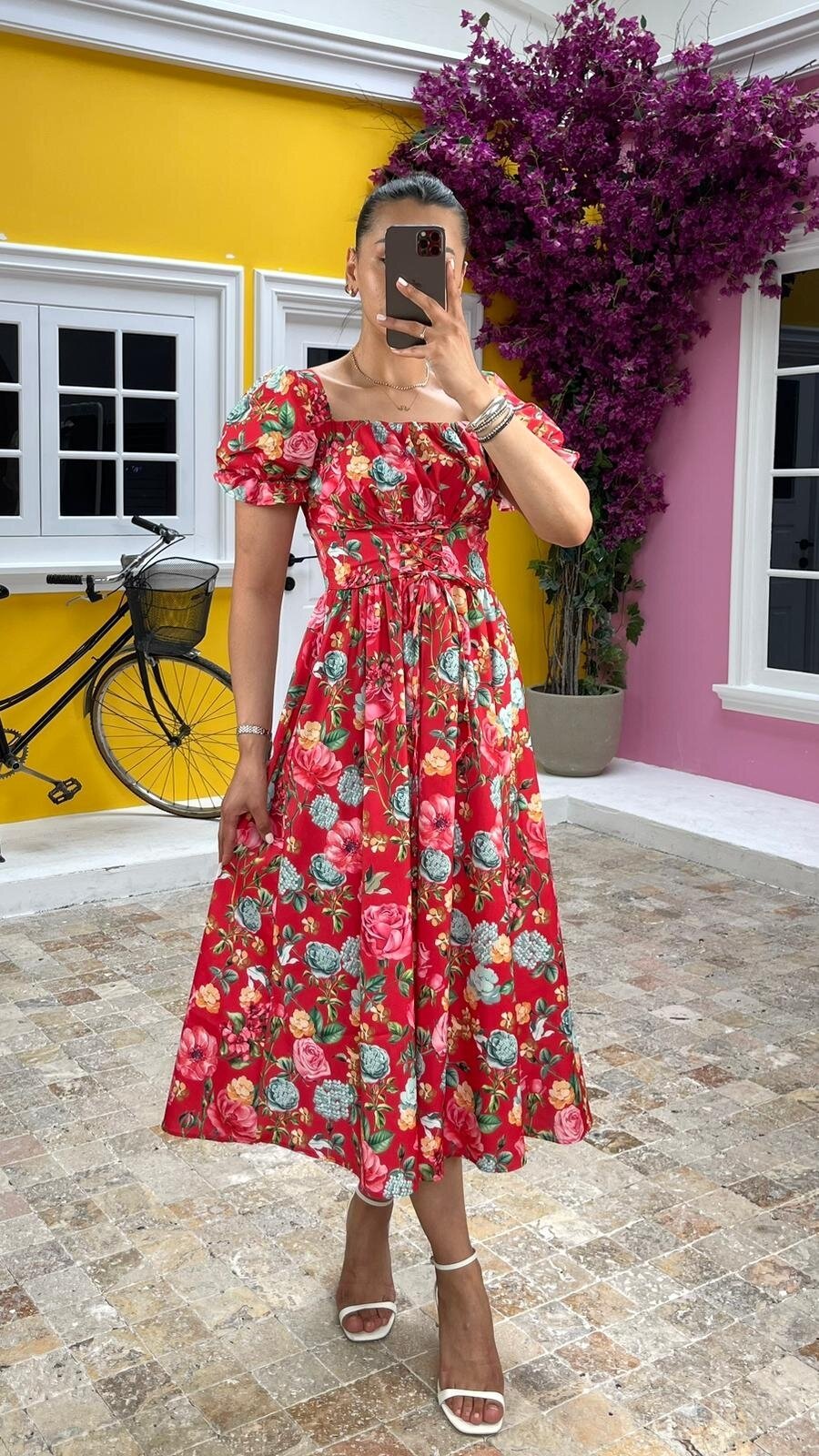 3413-POPLiN ÇİÇEKLİ ELBİSE