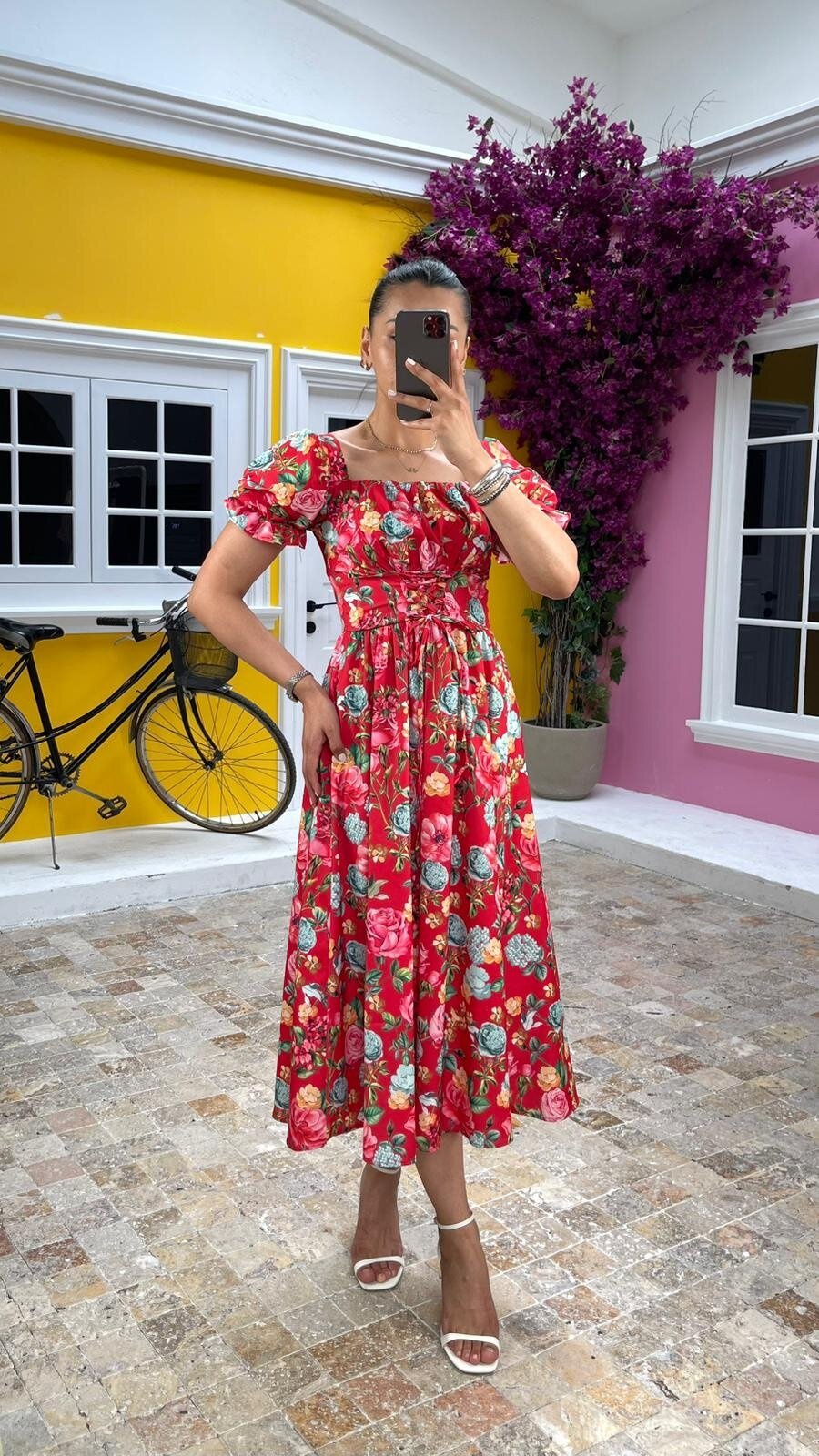 3413-POPLiN ÇİÇEKLİ ELBİSE