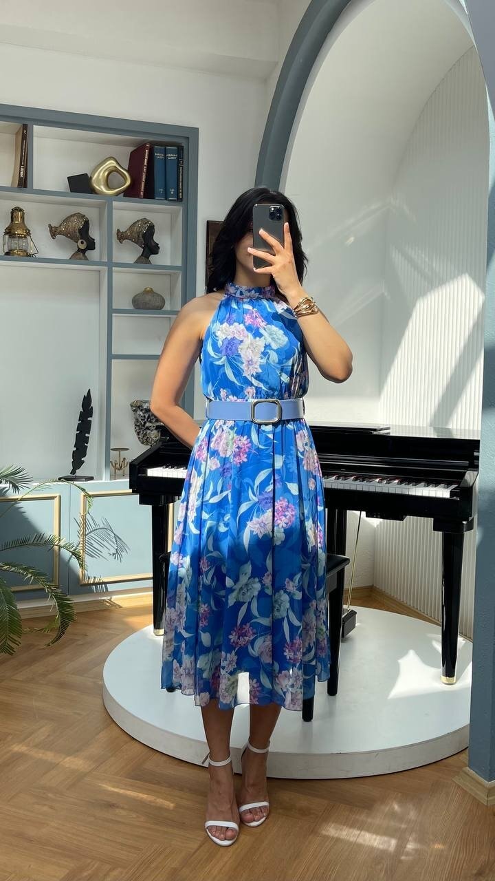 3432-MAVİ ÇİÇEKLİ KEMERLİ ELBİSE