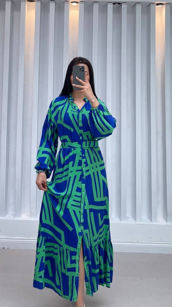 3388-YEŞİL ÇİZGİLİ GÖMLEK ELBİSE