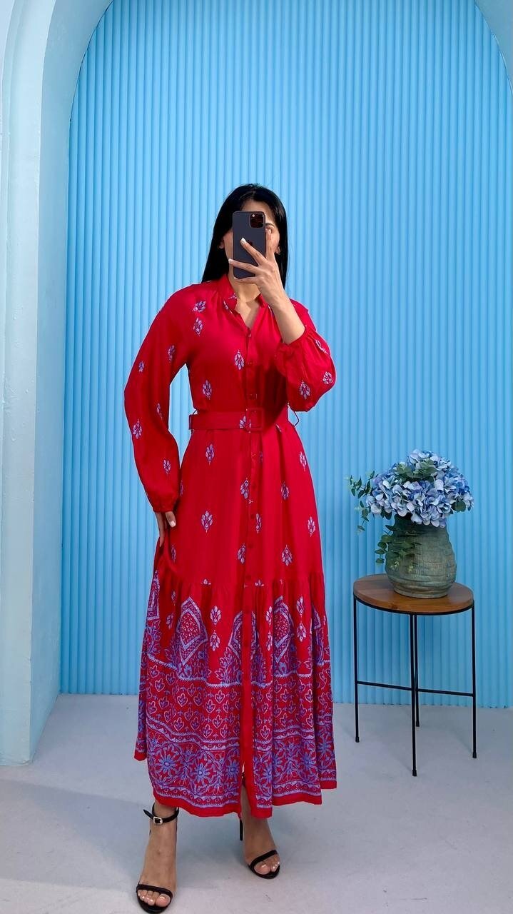 3433-KIRMIZI DÜĞMELİ ALTI SULU GÖMLEK ELBİSE