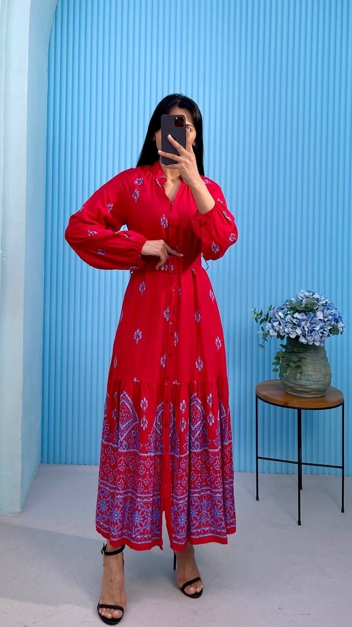 3433-KIRMIZI DÜĞMELİ ALTI SULU GÖMLEK ELBİSE