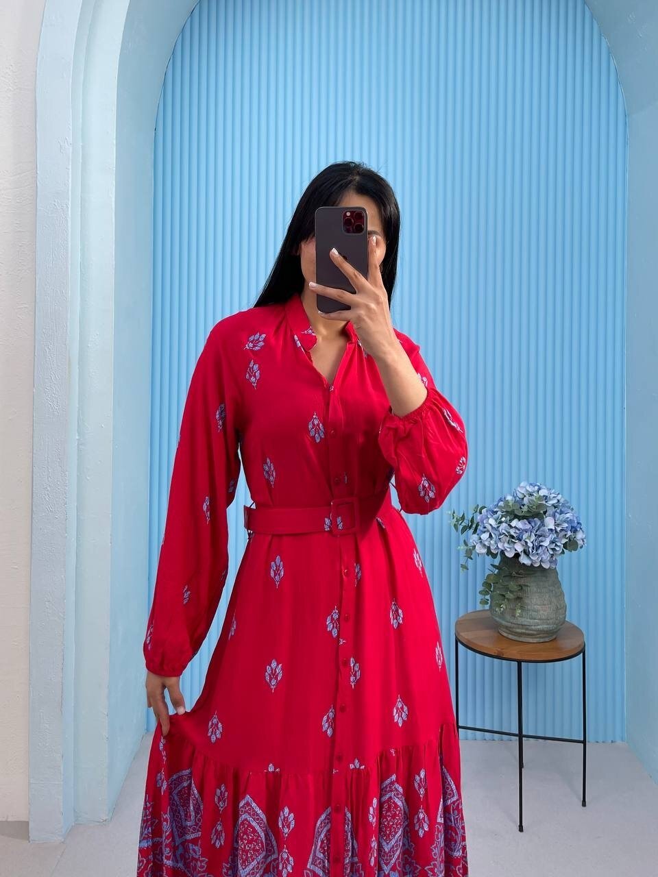 3433-KIRMIZI DÜĞMELİ ALTI SULU GÖMLEK ELBİSE