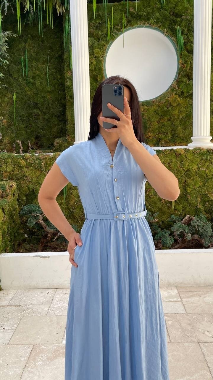 3440-MAVİ GOLD KEMER DETAY VE GOLD DÜĞMELİ ELBİSE