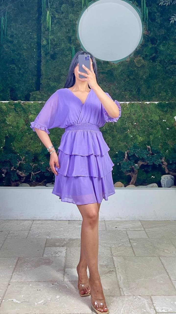 3447-LİLA KAT KAT ŞİFON ELBİSE