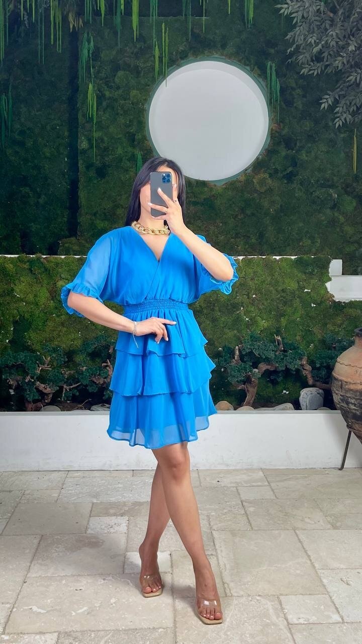 3447-MAVİ KAT KAT ŞFON ELBİSE