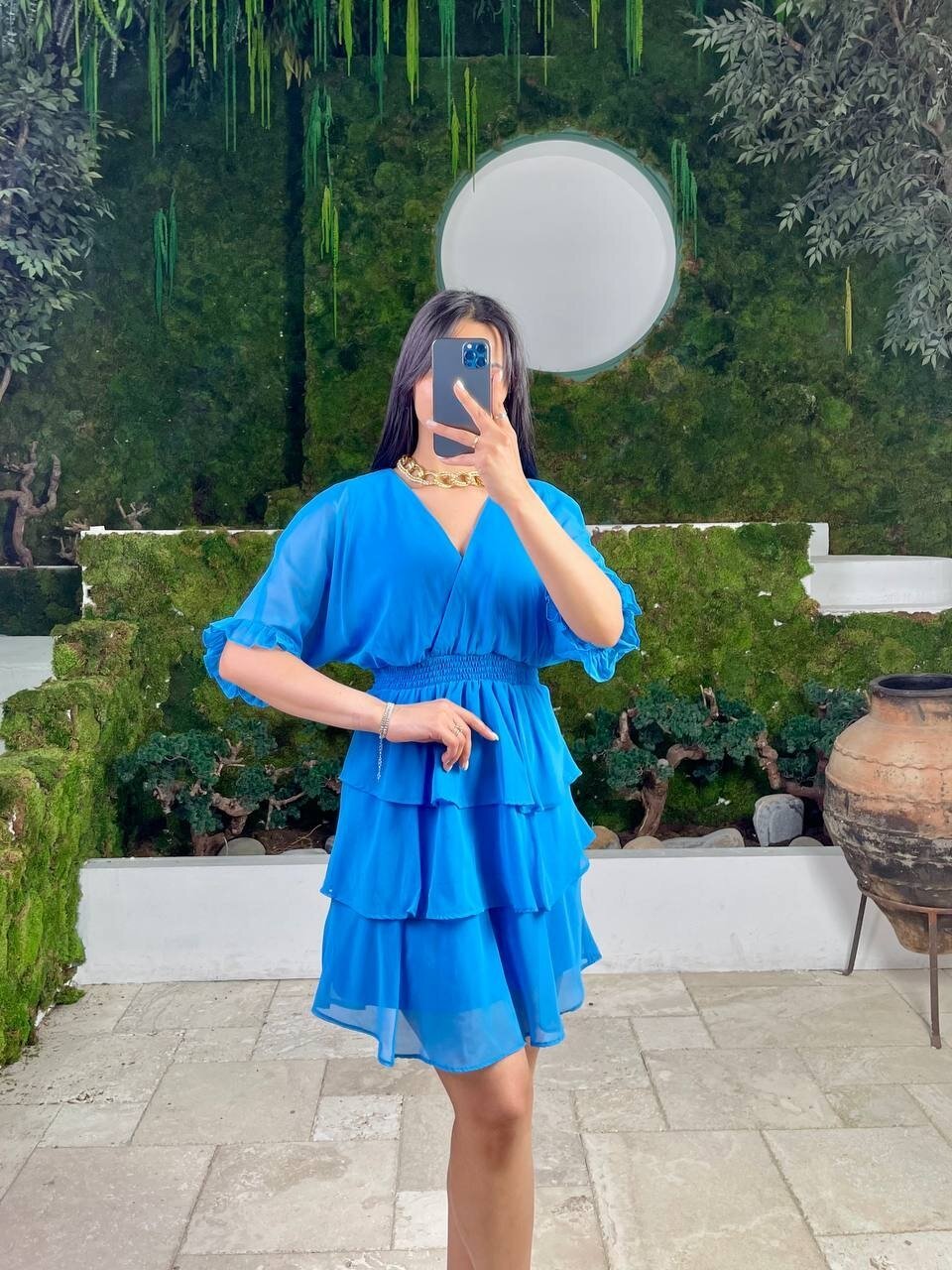 3447-MAVİ KAT KAT ŞFON ELBİSE