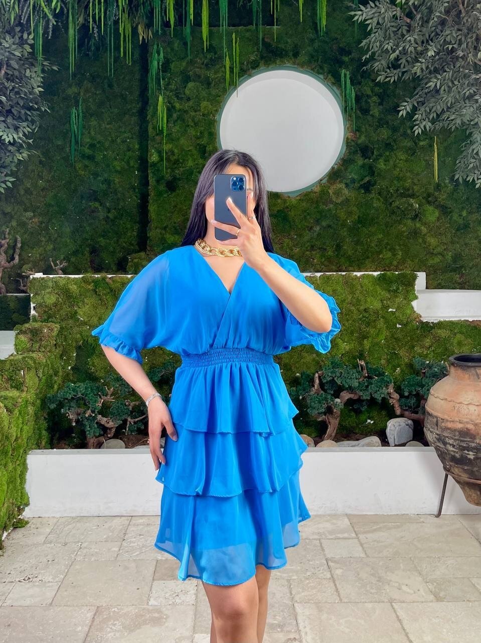 3447-MAVİ KAT KAT ŞFON ELBİSE