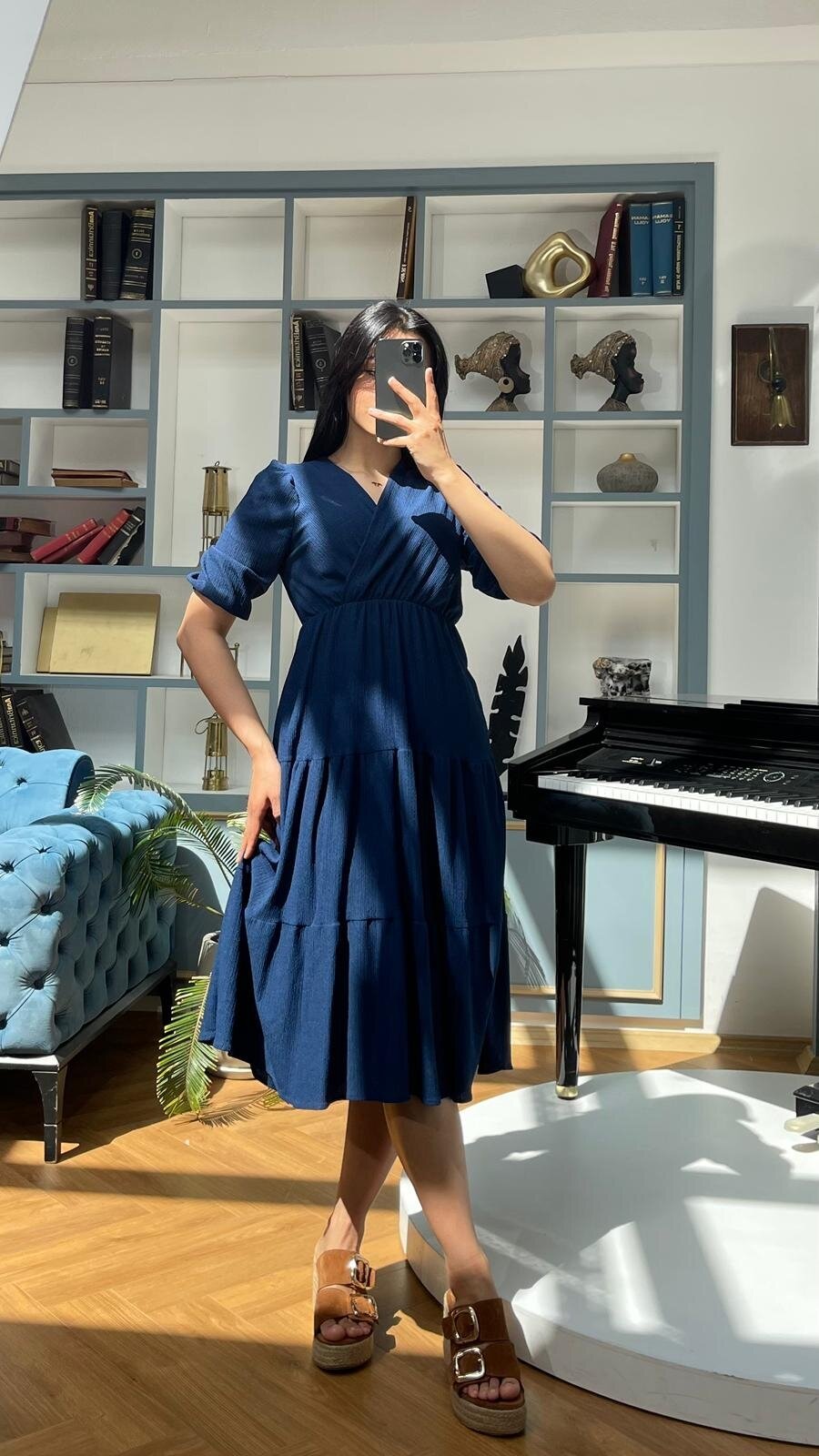 3453-LACİVERT KURVAZE YAKA ELBİSE