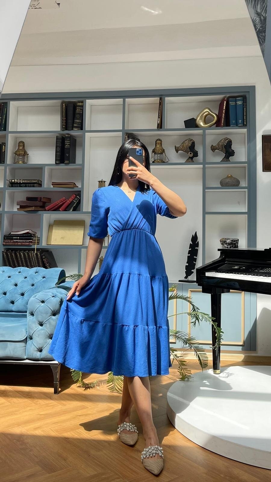 3453-MAVİ KURVAZE YAKA ELBİSE