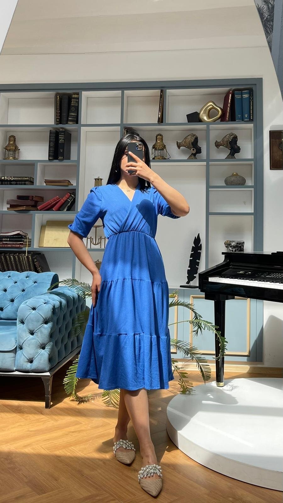 3453-MAVİ KURVAZE YAKA ELBİSE