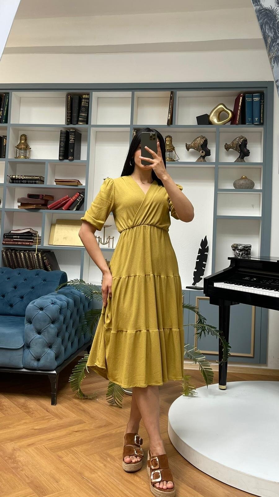 3453-OLİV KURVAZE YAKA ELBİSE