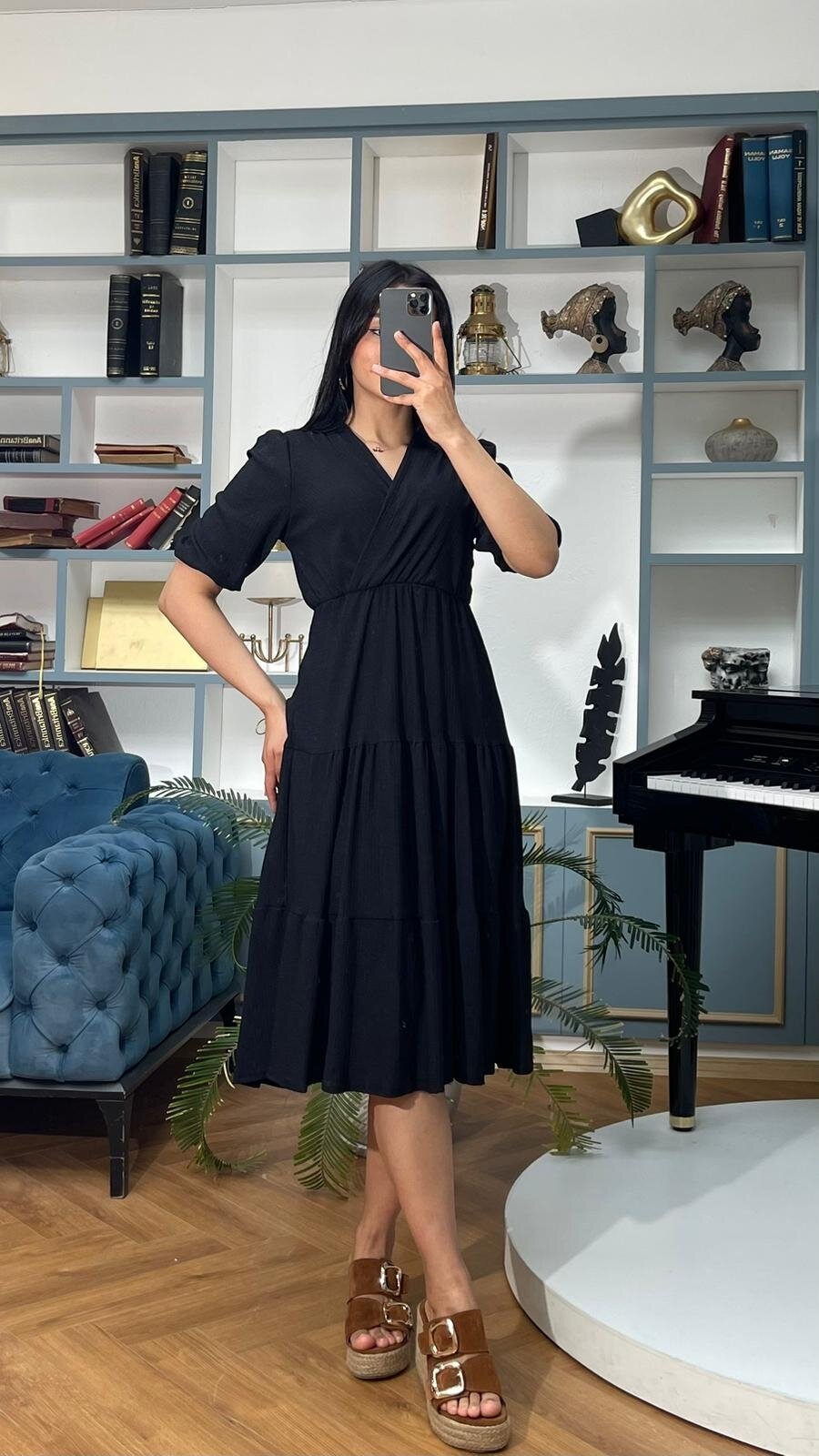 3453-SİYAH KRUVAZE YAKA ELBİSE