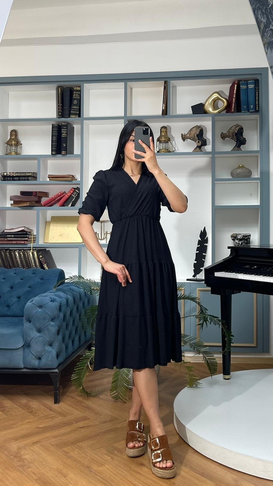 3453-SİYAH KRUVAZE YAKA ELBİSE