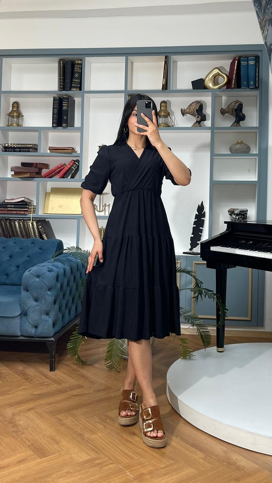 3453-SİYAH KRUVAZE YAKA ELBİSE