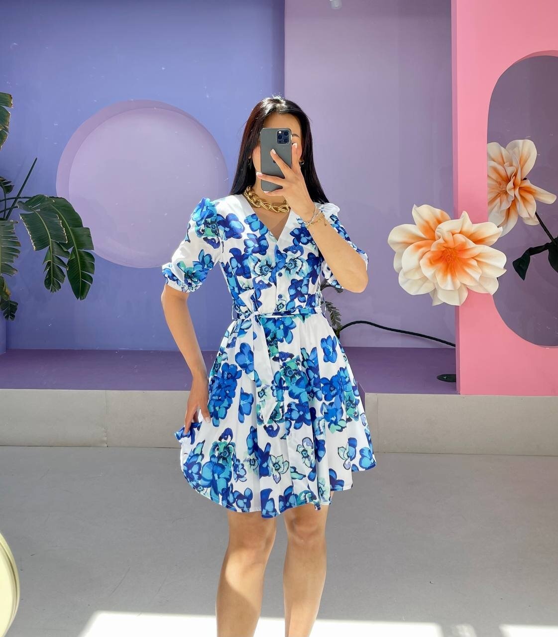 3460-MAVİ V YAKA ÇİÇEKLİ ELBİSE