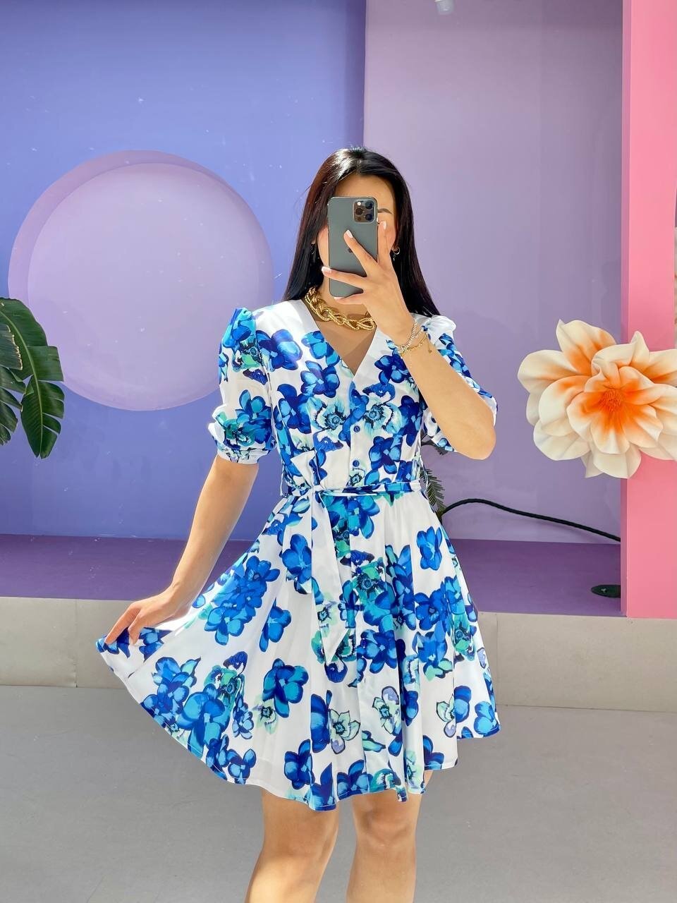 3460-MAVİ V YAKA ÇİÇEKLİ ELBİSE