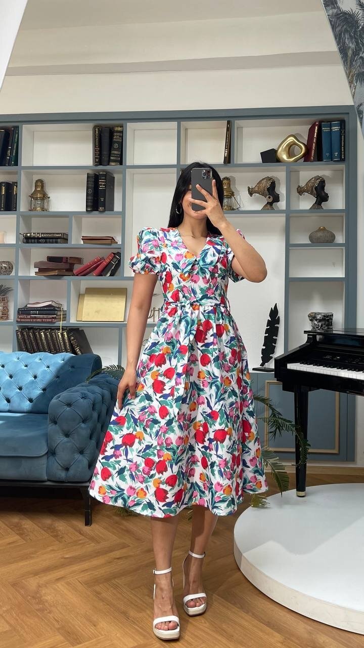 3467-BEYAZ BEBE YAKA ÇİÇEK DESEN ELBİSE