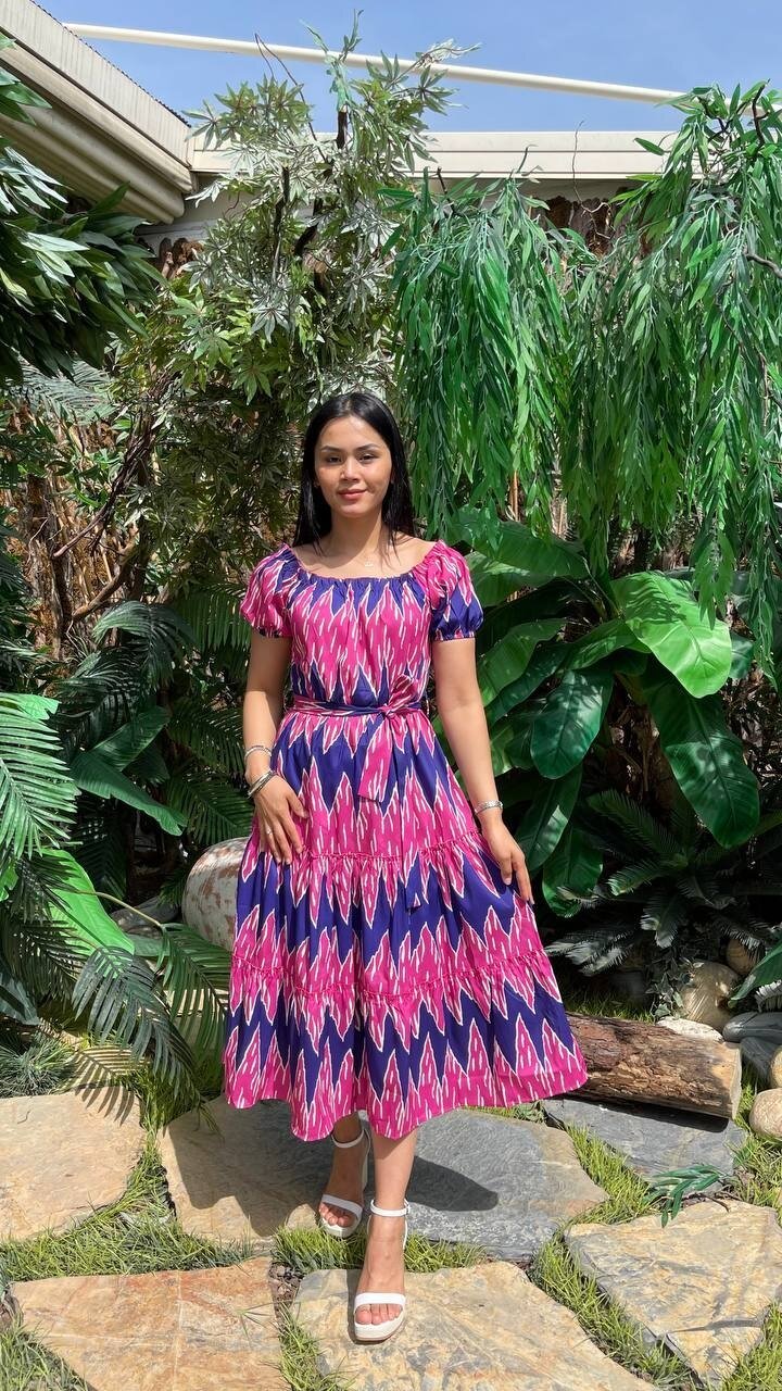 3472-FUŞYA PALMİYE DESEN ELBİSE