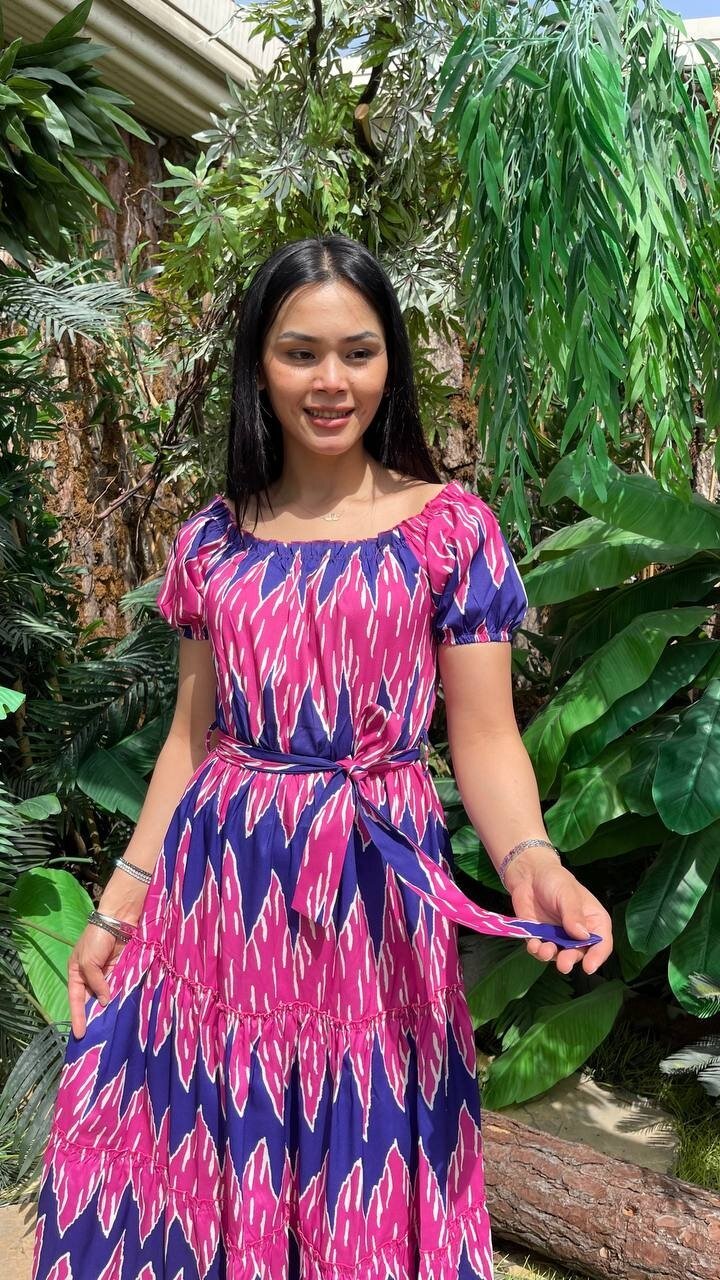 3472-FUŞYA PALMİYE DESEN ELBİSE