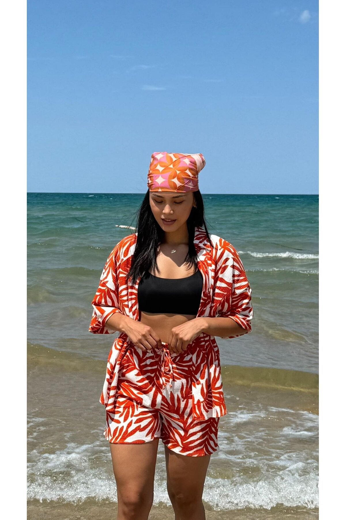 3481-TURUNCU ZEBRA DESEN ŞORTLU TAKIM