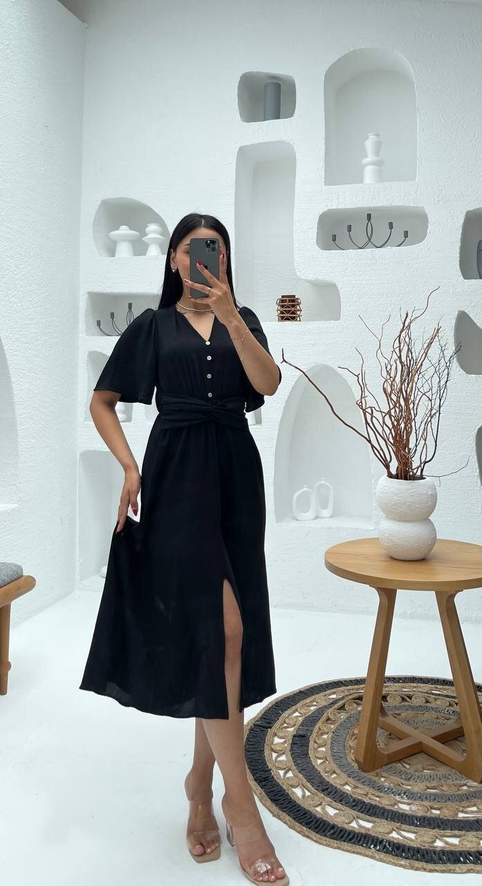 3484-SİYAH V YAKA DÜĞME DETAYLI ELBİSE
