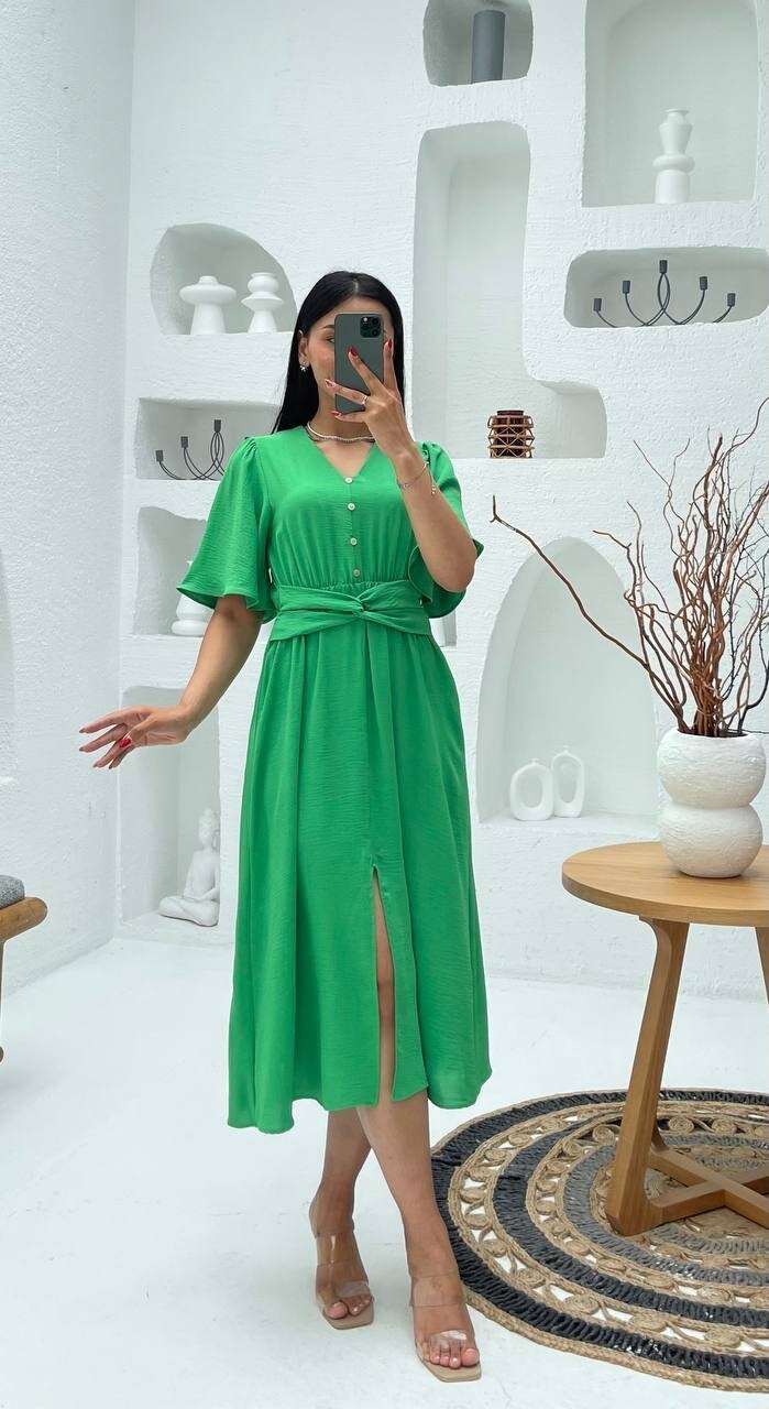 3484-YEŞİL V YAKA DÜĞME DETAYLI ELBİSE