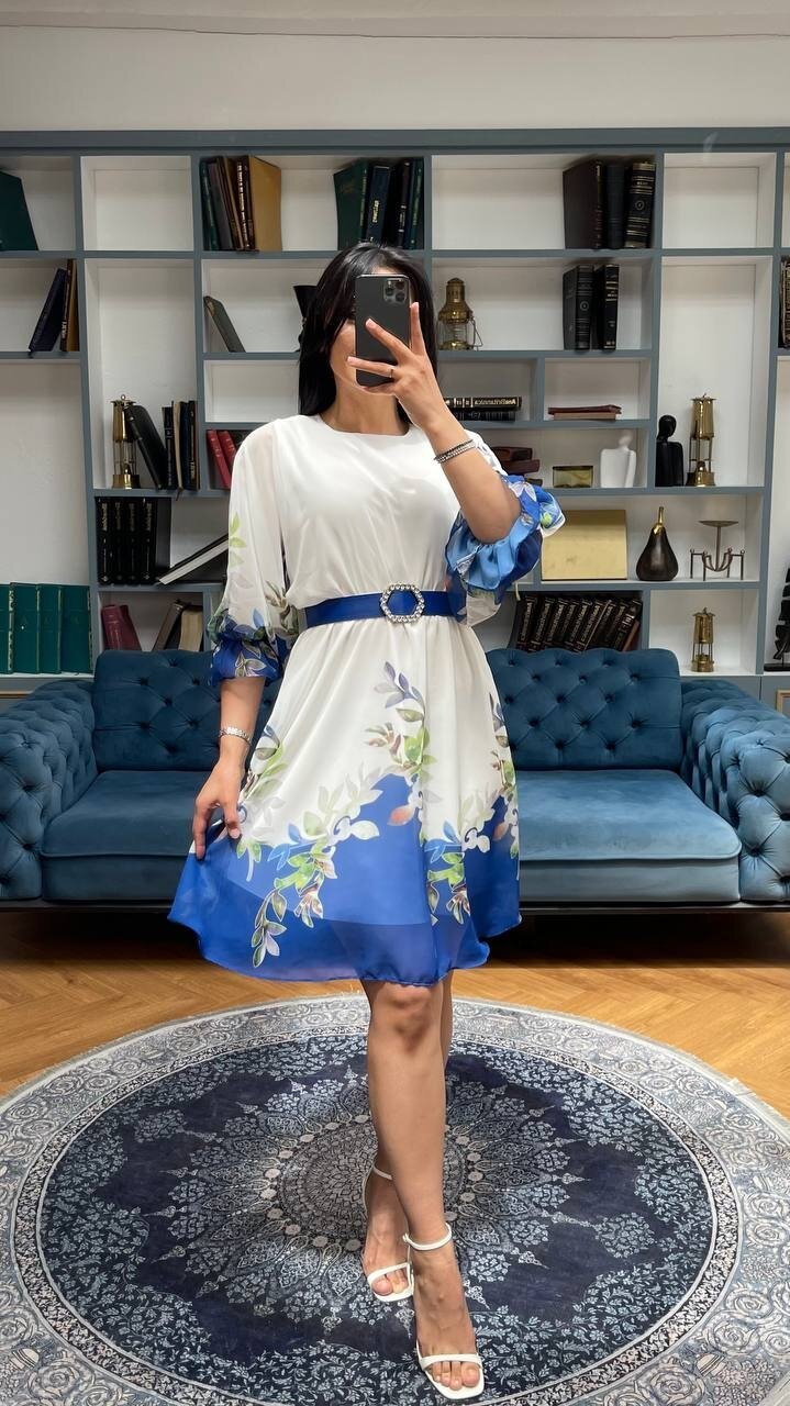 3485-BEYAZ YUVARLAK KEMER DETAY ALTI SULU ELBİSE