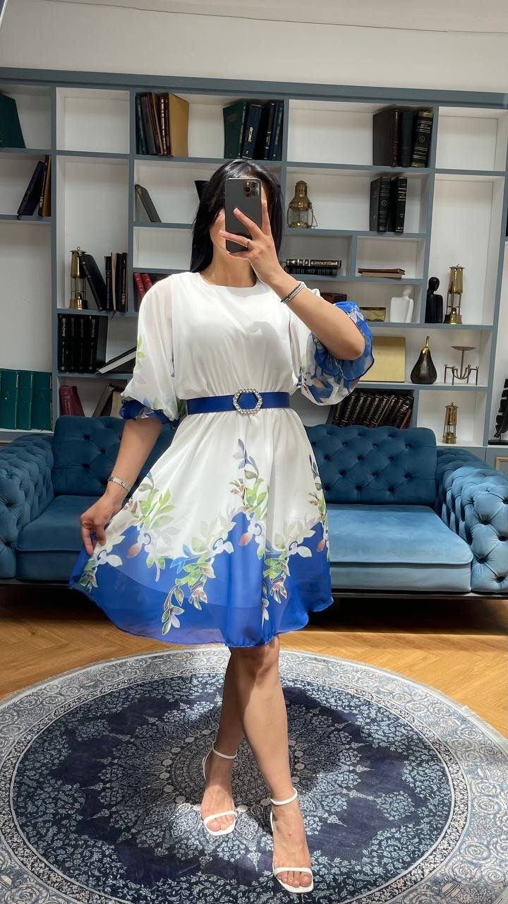 3485-BEYAZ YUVARLAK KEMER DETAY ALTI SULU ELBİSE