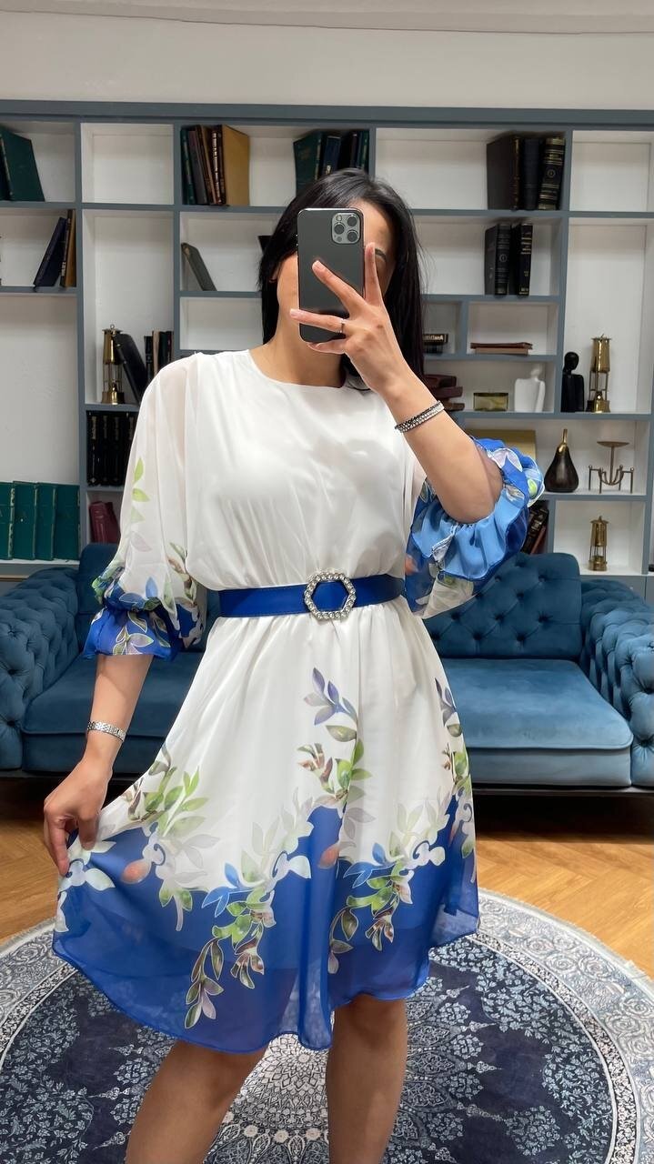 3485-BEYAZ YUVARLAK KEMER DETAY ALTI SULU ELBİSE