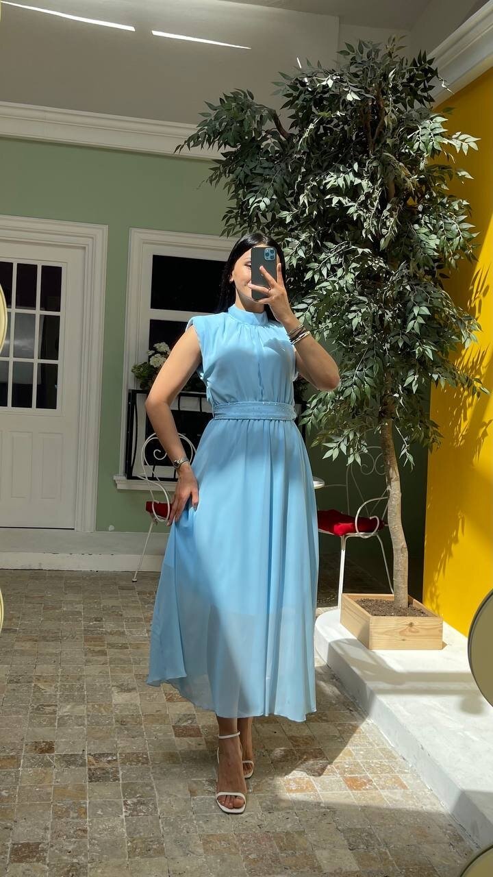 3509-MAVİ KEMERİ TAŞLI ŞİFON ELBİSE