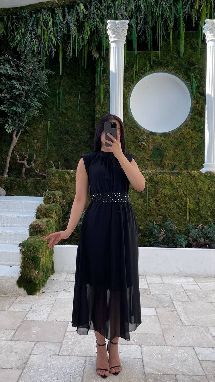 3509-SİYAH KEMERİ TAŞ DETAYLI ŞİFON ELBİSE