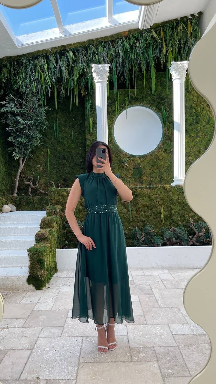 3509-ZÜMRÜT KEMERİ TAŞ DETAYLI ŞİFON ELBİSE