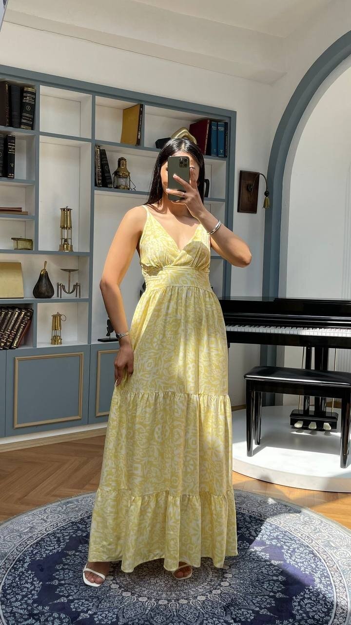 3517-SARI SIFIR KOL ÇITIR DESEN ELBİSE