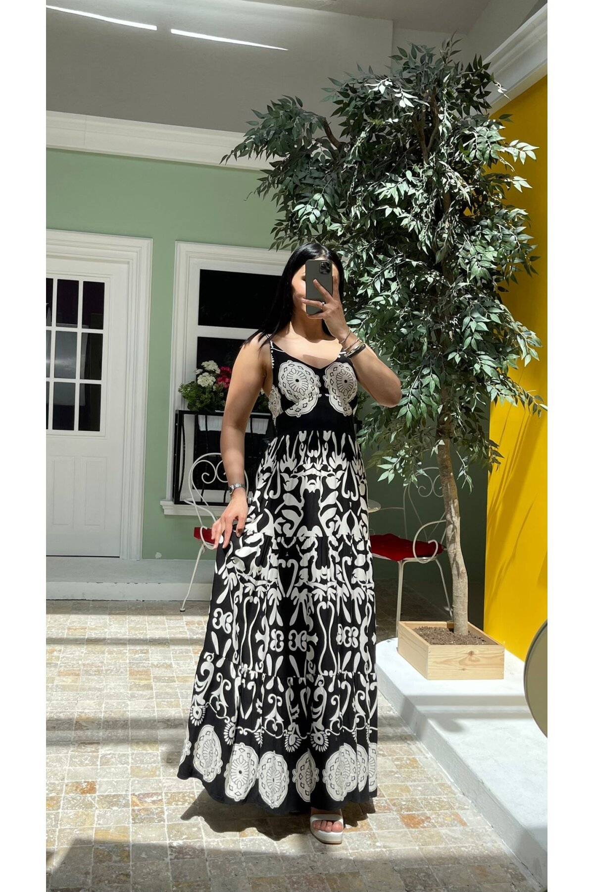 3518-SİYAH ETNİK DESEN ALTI SULU ELBİSE