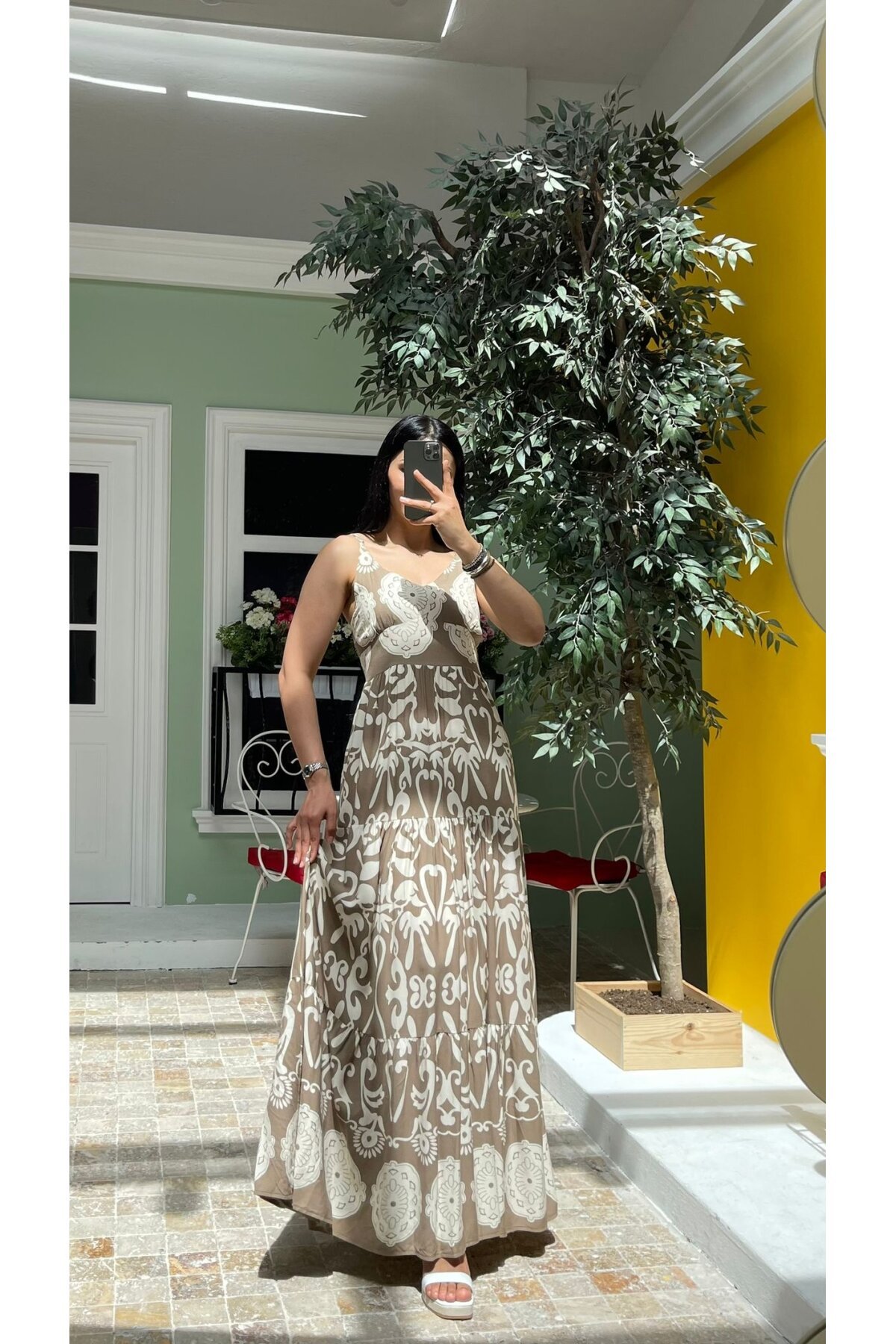 3518-VİZON ETNİK DESEN ALTI SULU ELBİSE