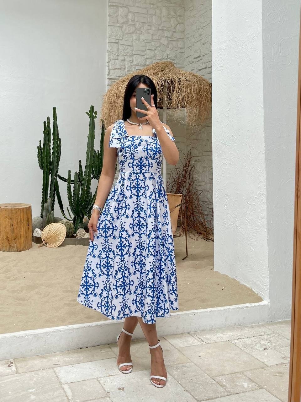 3519-ÇİÇEK DESEN MAVİ ELBİSE