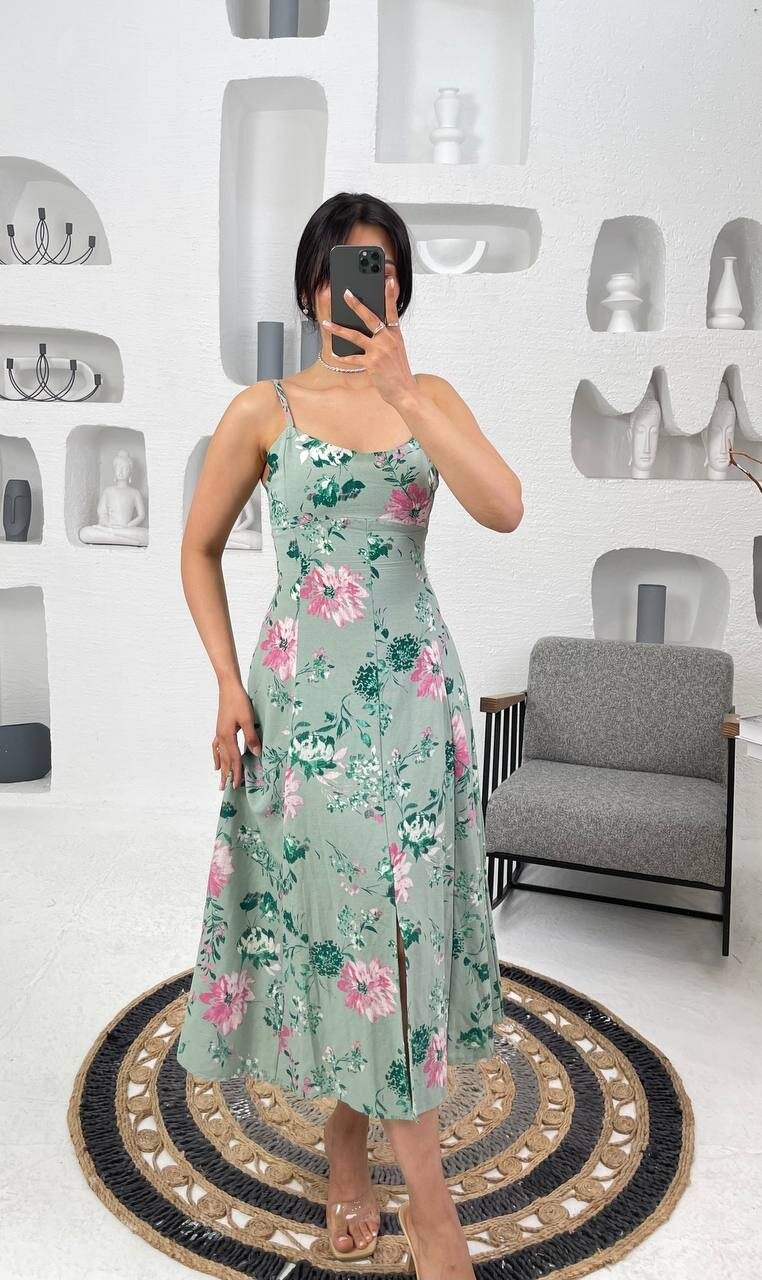 3520-ÇİÇEK DESEN SIFIR KOL ELBİSE