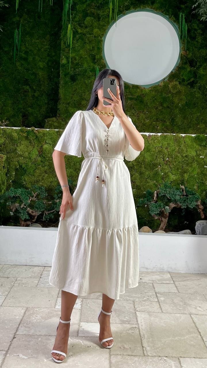 3524-BEJ YALANCI KETEN ELBİSE