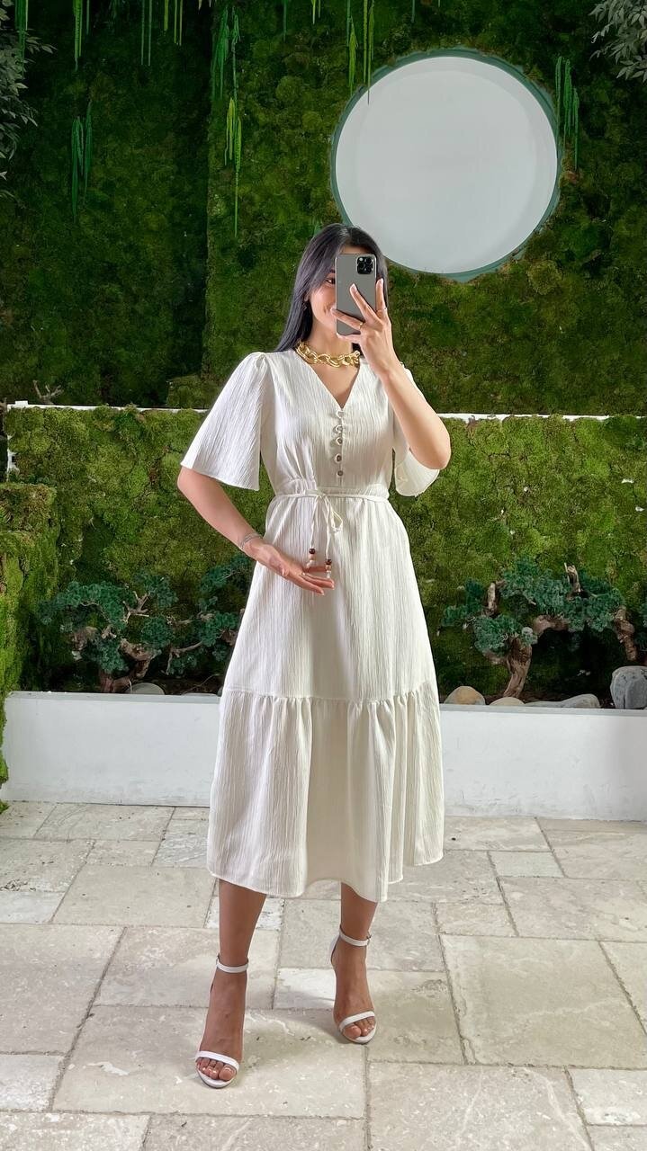 3524-BEJ YALANCI KETEN ELBİSE