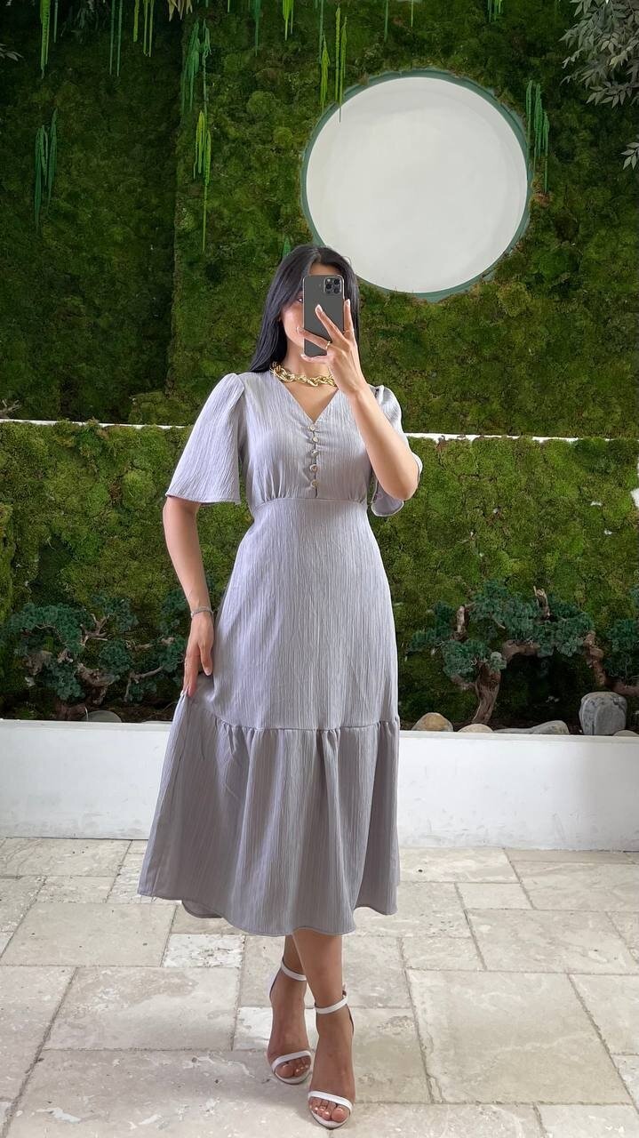 3524-GRİ YALANCI KETEN ELBİSE