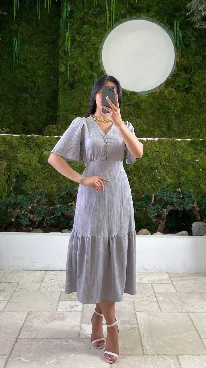 3524-GRİ YALANCI KETEN ELBİSE