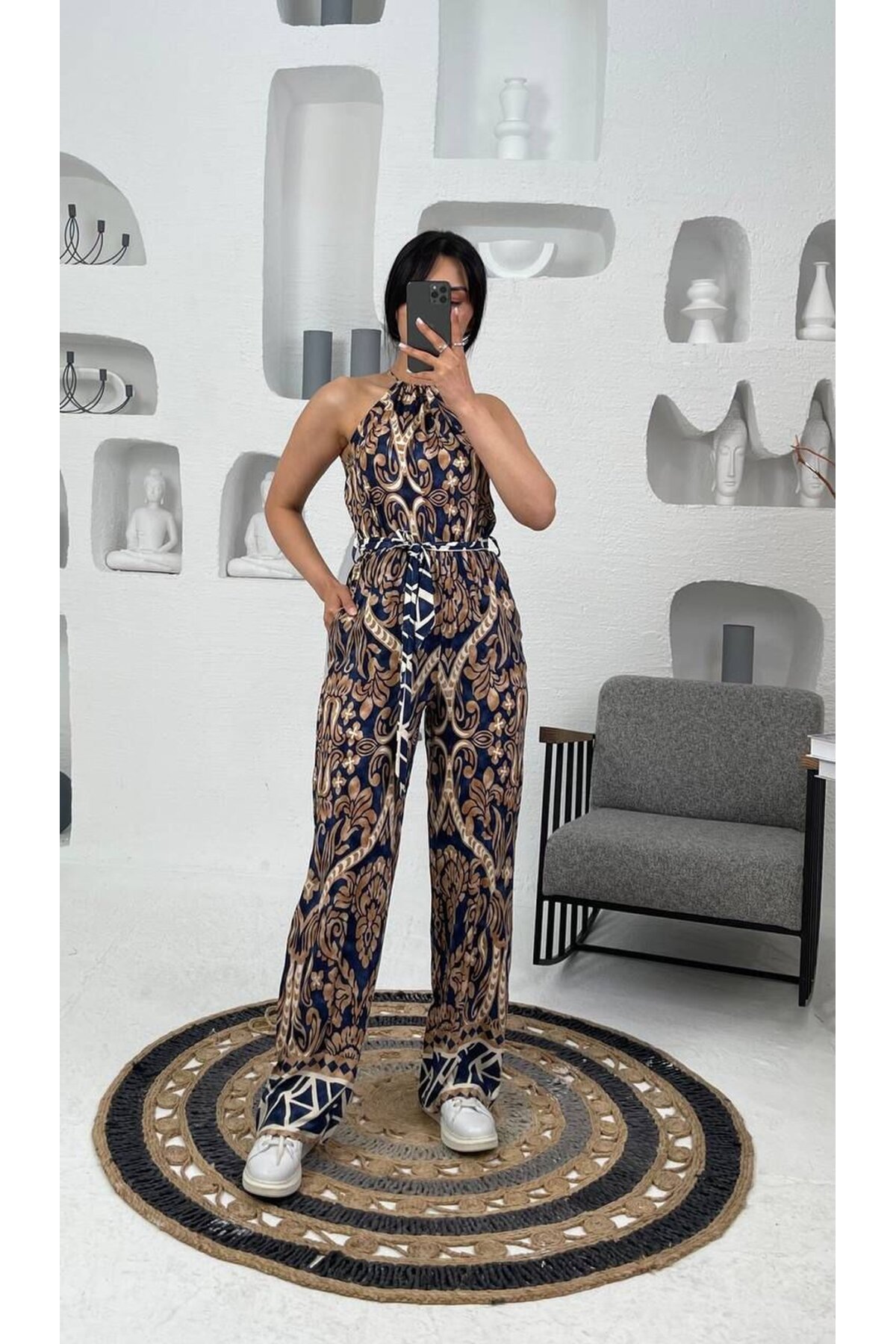 3528-LACİVERT VİSKON KUMAŞ KİLİM DESEN TULUM