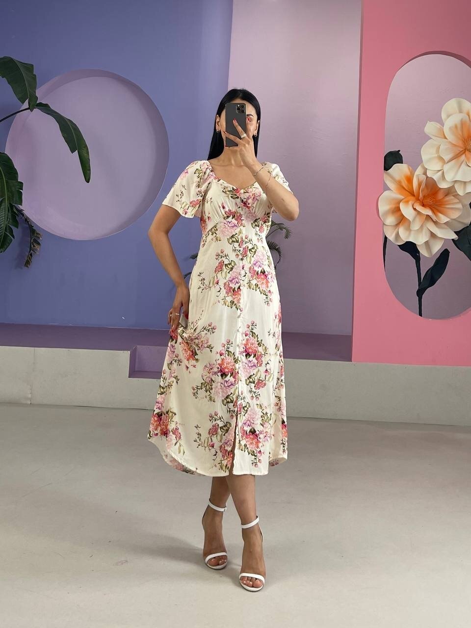 3529-ÇİÇEK DESEN ÖNDEN BAĞLAMALI ELBİSE