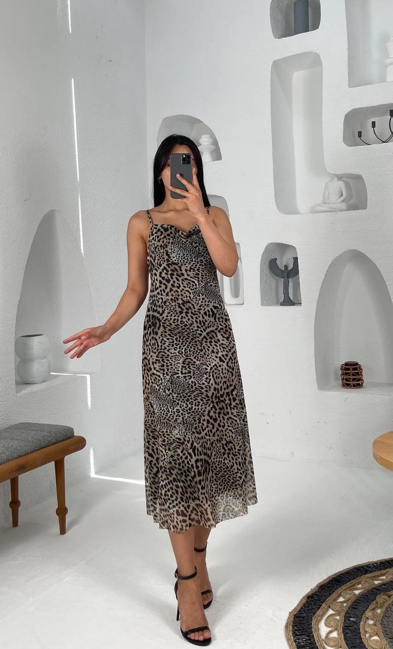 3541-LEOPAR DESEN SIFIR KOL TÜL ELBİSE