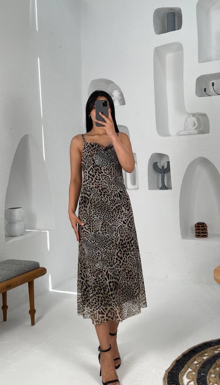 3541-LEOPAR DESEN SIFIR KOL TÜL ELBİSE