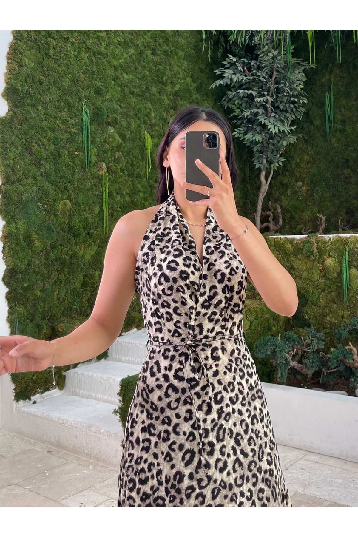 3543-BEJ LEOPAR SIRTI AÇIK ELBİSE