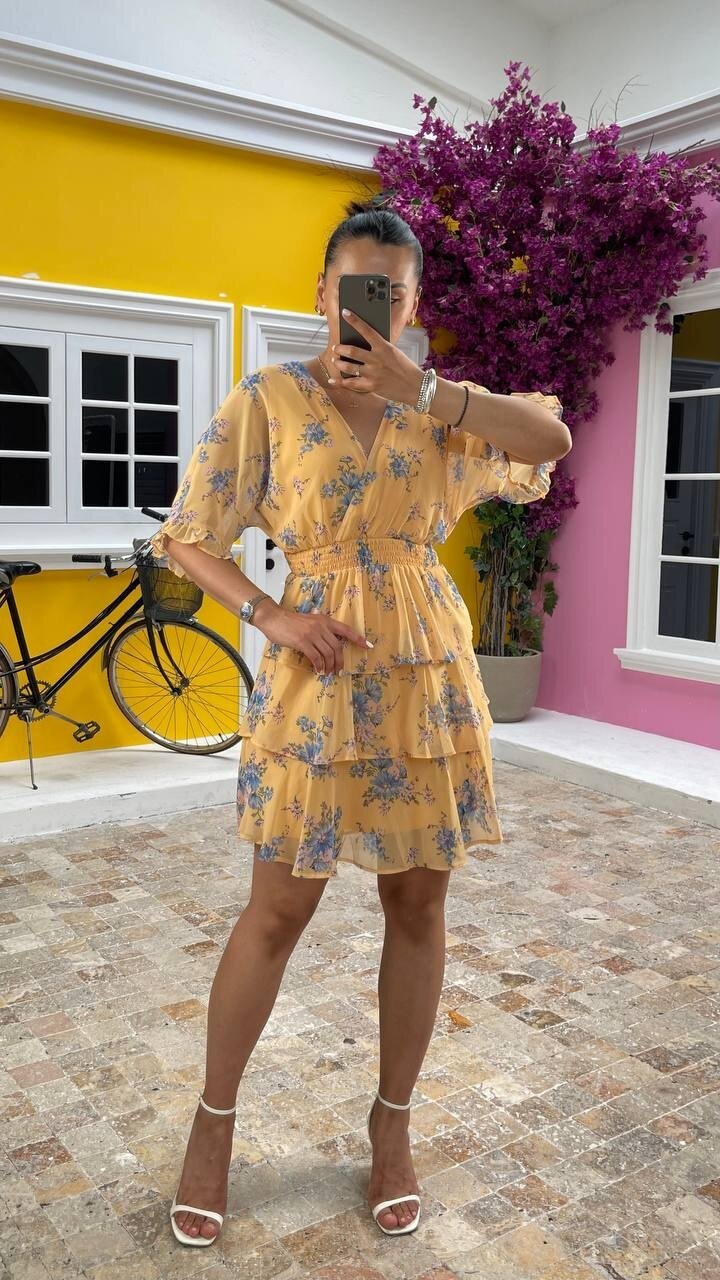 3447-SARI KAT KAT ŞİFON ELBİSE