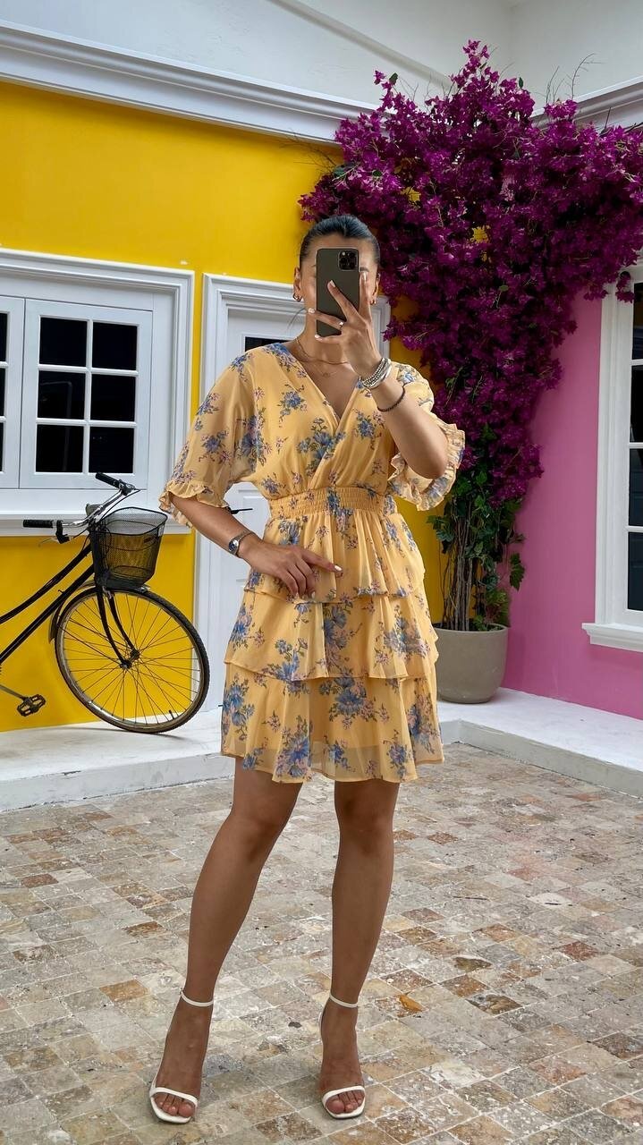 3447-SARI KAT KAT ŞİFON ELBİSE