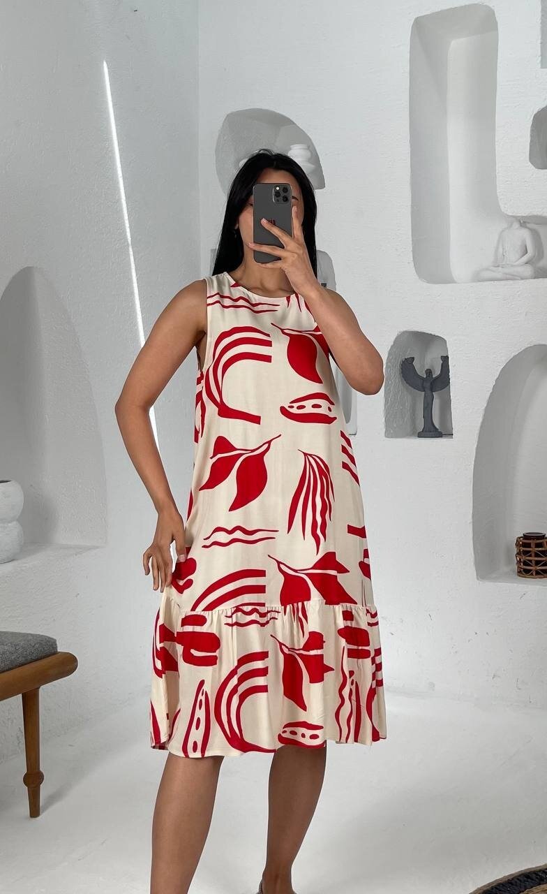 3549-KIRMIZI BÜYÜK YAPRAKLI KISA ELBİSE